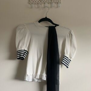 Chic White Puff Sleeve Top with Black Stripes